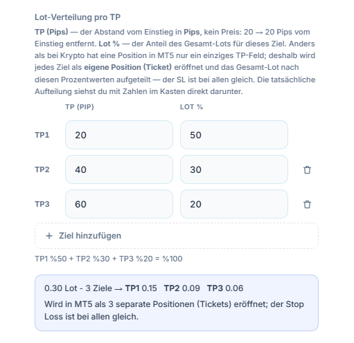 Lot-Verteilung pro TP: drei Ziele mit 20, 40, 60 Pips und 50, 30, 20 Prozent; darunter die Aufteilung 0.30 Lot 3 Ziele TP1 0.15 TP2 0.09 TP3 0.06
