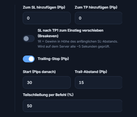 Pip-Felder Zum SL hinzufügen und Zum TP hinzufügen, Breakeven-Schalter, eingeschalteter Trailing-Stop-Schalter mit Start- und Trail-Abstand, Teilschließung per Befehl in Prozent