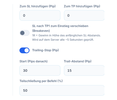 Pip-Felder Zum SL hinzufügen und Zum TP hinzufügen, Breakeven-Schalter, eingeschalteter Trailing-Stop-Schalter mit Start- und Trail-Abstand, Teilschließung per Befehl in Prozent