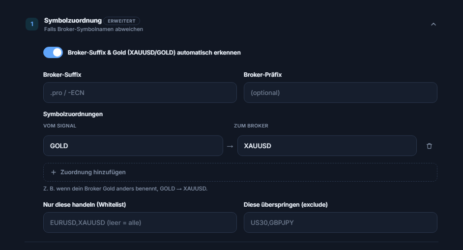 Abschnitt Symbolzuordnung: Schalter Automatisch erkennen, Felder Broker-Suffix und -Präfix, Zuordnung GOLD → XAUUSD, Zuordnung hinzufügen, Felder Whitelist und Exclude
