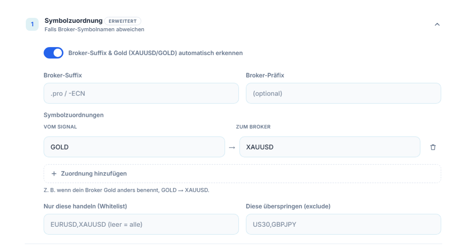 Abschnitt Symbolzuordnung: Schalter Automatisch erkennen, Felder Broker-Suffix und -Präfix, Zuordnung GOLD → XAUUSD, Zuordnung hinzufügen, Felder Whitelist und Exclude