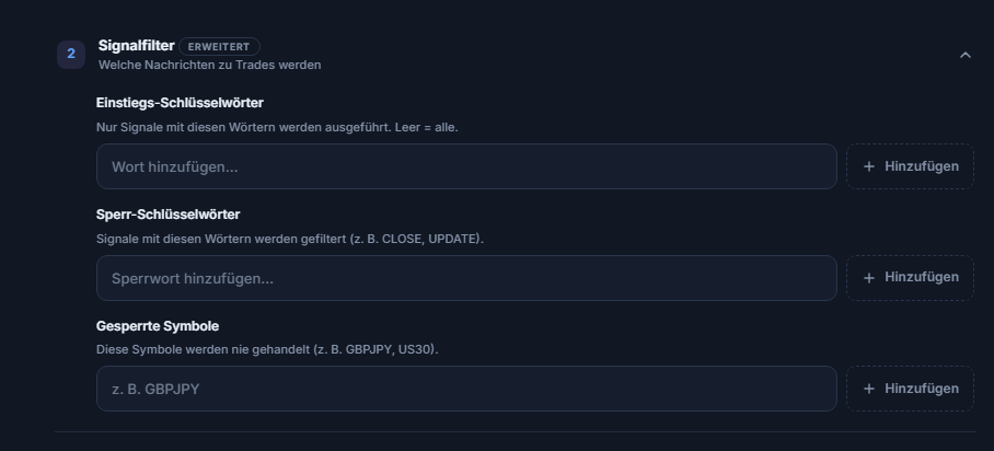 Signalfilter: Felder Einstiegs-Schlüsselwörter, Sperr-Schlüsselwörter und Gesperrte Symbole