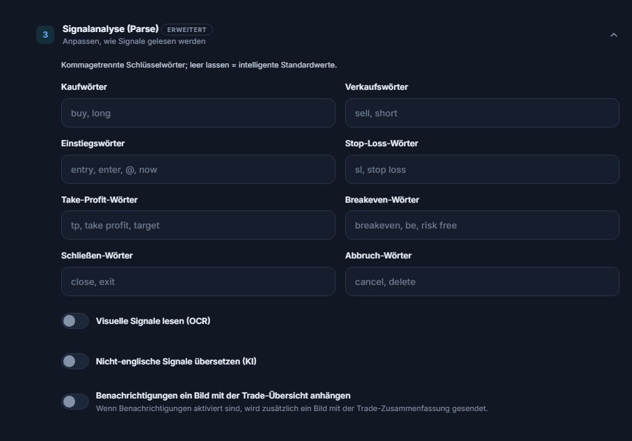 Signalanalyse (Parse): Wörter für Kauf, Verkauf, Einstieg, Stop-Loss, Take-Profit, Breakeven, Schließen und Abbrechen; Schalter für OCR, Übersetzung und Übersichtskarte als Bild