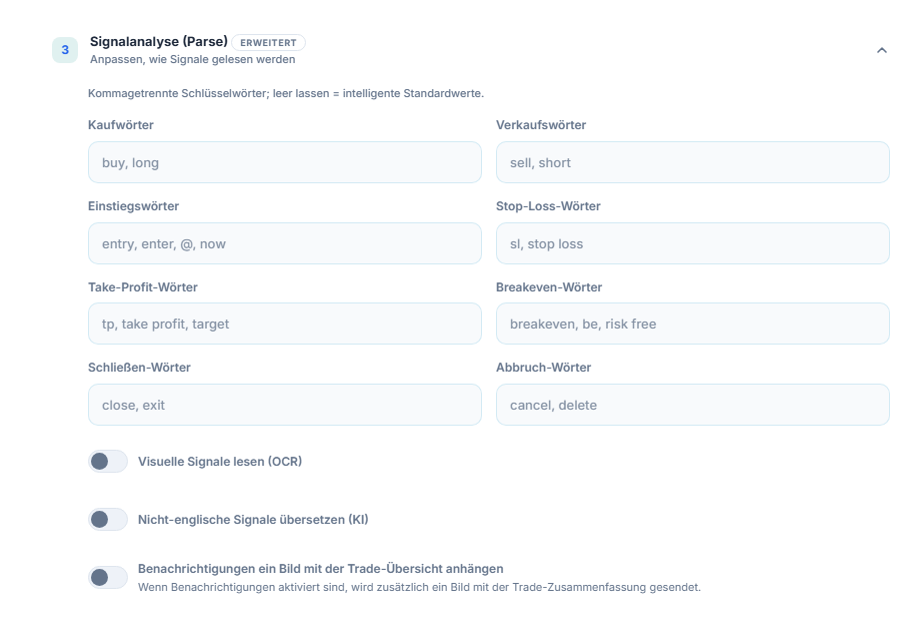 Signalanalyse (Parse): Wörter für Kauf, Verkauf, Einstieg, Stop-Loss, Take-Profit, Breakeven, Schließen und Abbrechen; Schalter für OCR, Übersetzung und Übersichtskarte als Bild