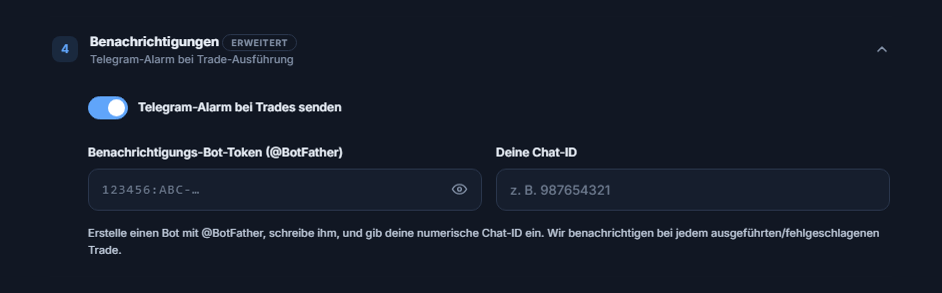 Benachrichtigungen: eingeschalteter Schalter für Telegram-Alarm, Felder Bot-Token und Chat ID