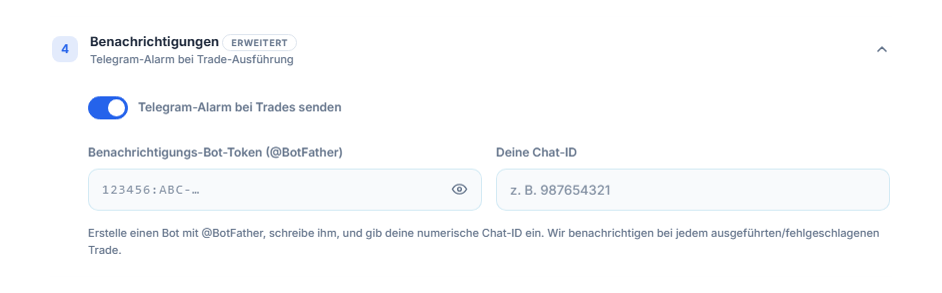 Benachrichtigungen: eingeschalteter Schalter für Telegram-Alarm, Felder Bot-Token und Chat ID
