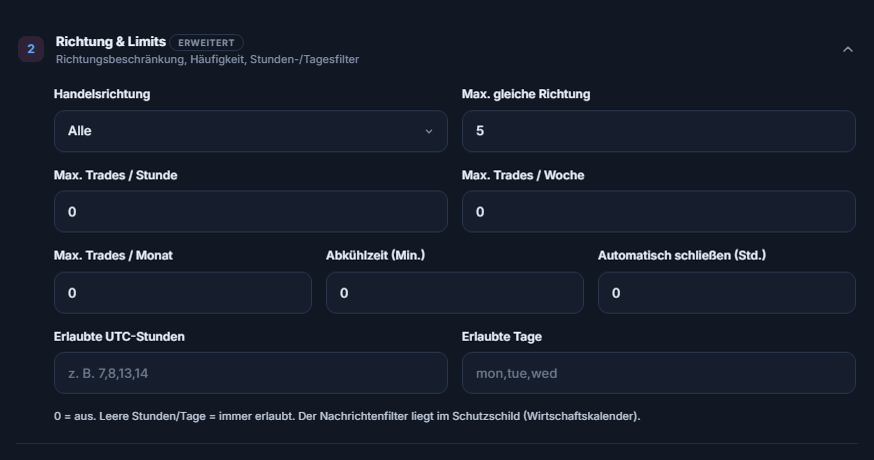 Richtung und Limits: Handelsrichtung, Max. gleiche Richtung, Trade-Limits pro Stunde, Woche und Monat, Abkühlzeit, automatisches Schließen, erlaubte Stunden und Tage