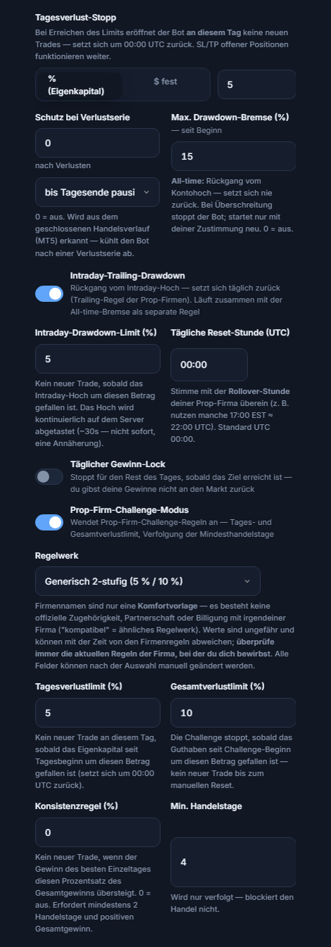 Schutzschild erweitert: Tages-Verluststopp, Schutz bei Verlustserie, Max. Drawdown, Intraday-Trailing-Drawdown, täglicher Gewinn-Lock, Prop-Firm-Challenge-Modus und Regelwerk