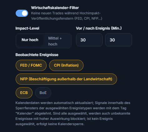 Wirtschaftskalender-Filter: Schalter an, Impact-Level, Minuten vor und nach der Nachricht, Ereignistypen