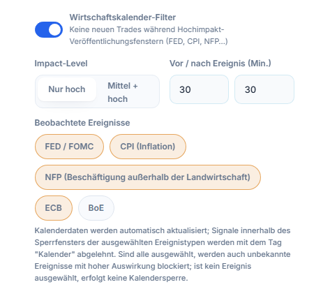 Wirtschaftskalender-Filter: Schalter an, Impact-Level, Minuten vor und nach der Nachricht, Ereignistypen