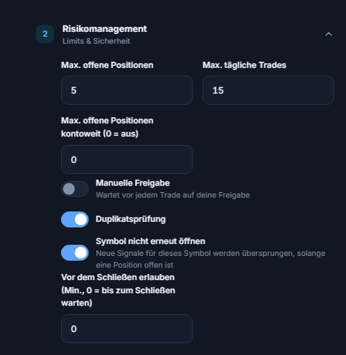 Risikomanagement erweitert: Max. offene Positionen, kontoweite Obergrenze, manuelle Freigabe, Duplikatsprüfung, Sperre für dasselbe Symbol und Mindestwartezeit
