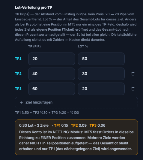 Hinweis zum NETTING-Konto: Mehrere Ziele werden nicht auf Teilpositionen aufgeteilt, das Gesamt-Lot bleibt erhalten und nur TP1 wird angewendet