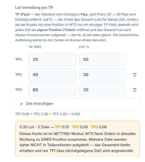 Hinweis zum NETTING-Konto: Mehrere Ziele werden nicht auf Teilpositionen aufgeteilt, das Gesamt-Lot bleibt erhalten und nur TP1 wird angewendet
