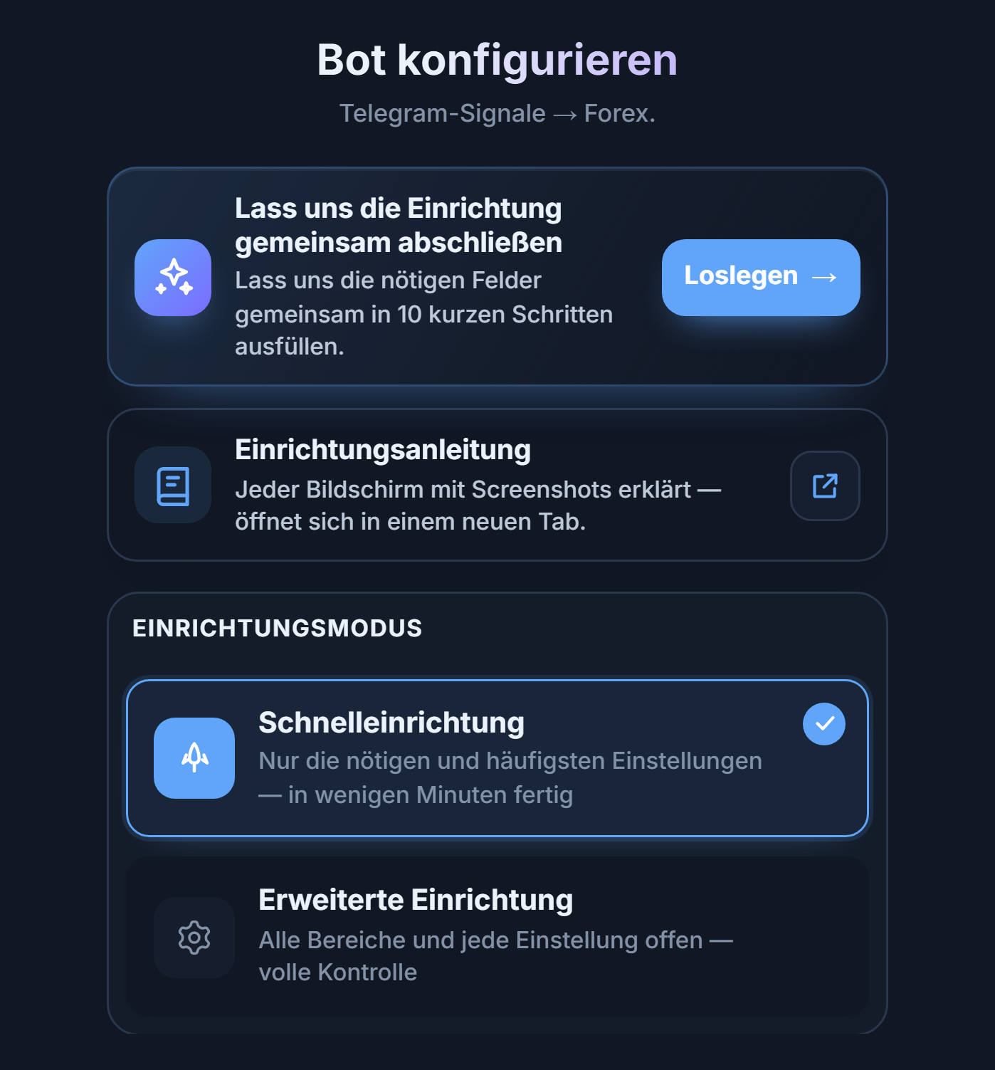 Oberer Teil des Bildschirms Bot konfigurieren: Einrichtungsassistent mit Schaltfläche Loslegen, Karten Schnelleinrichtung und Erweiterte Einrichtung