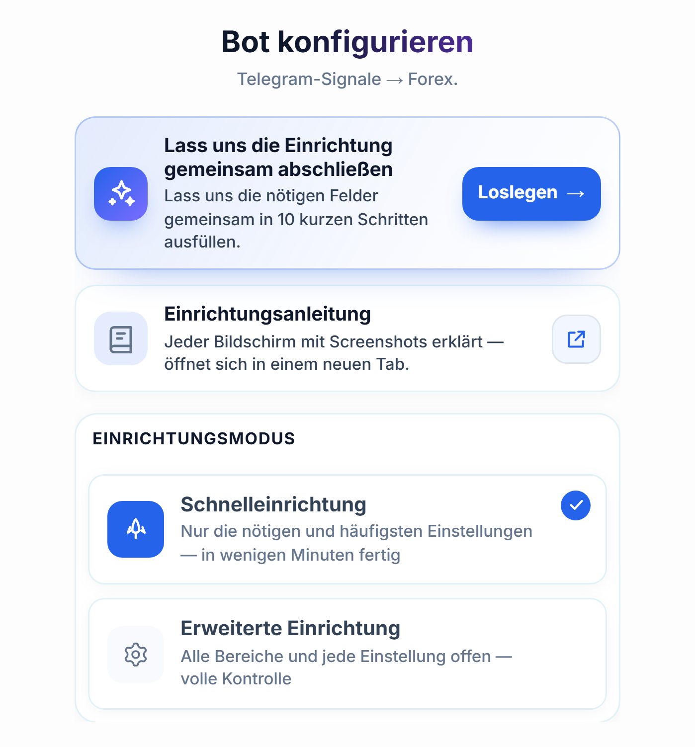 Oberer Teil des Bildschirms Bot konfigurieren: Einrichtungsassistent mit Schaltfläche Loslegen, Karten Schnelleinrichtung und Erweiterte Einrichtung