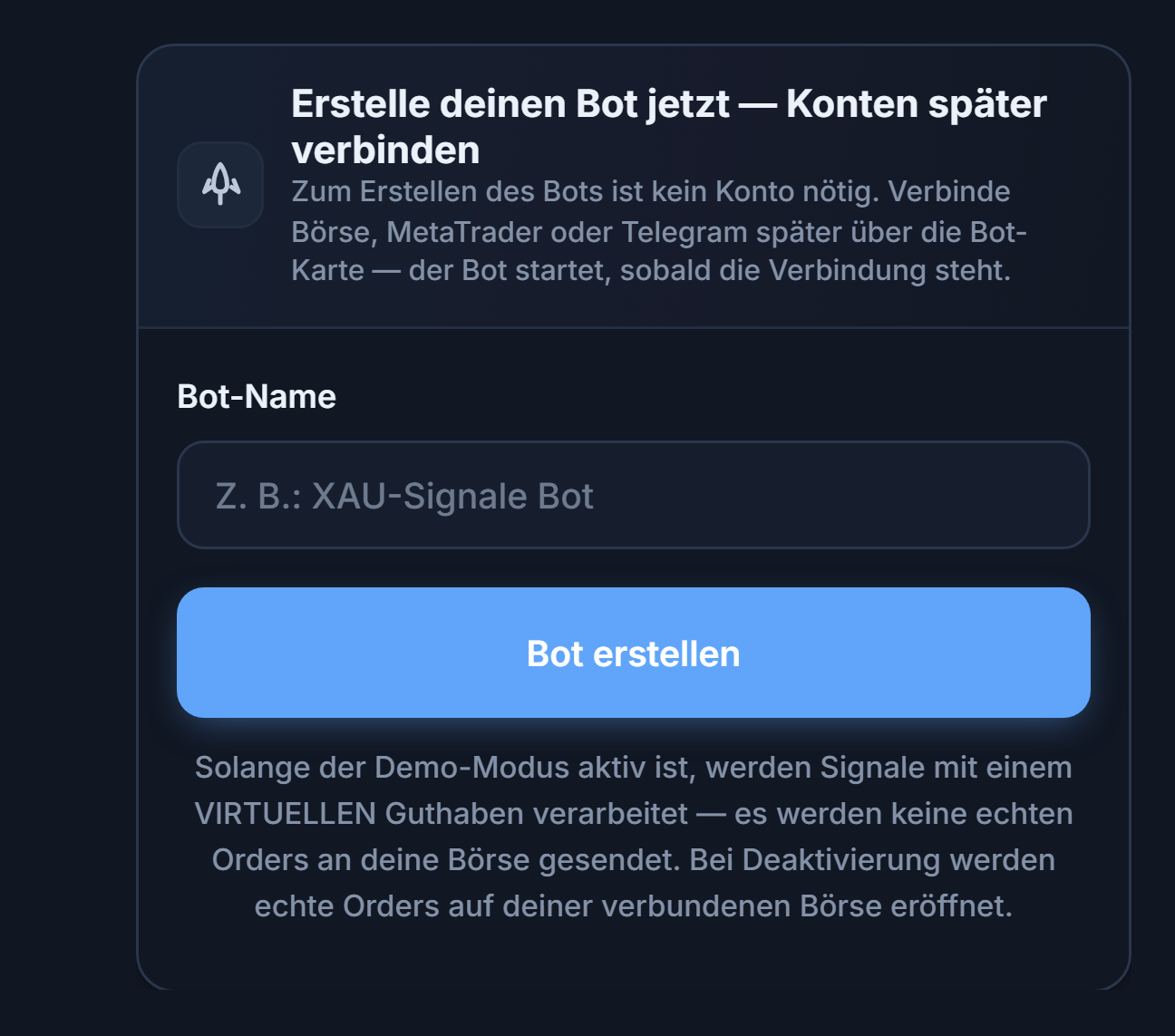 Panel Bot jetzt erstellen: Feld Bot-Name und Schaltfläche Bot erstellen