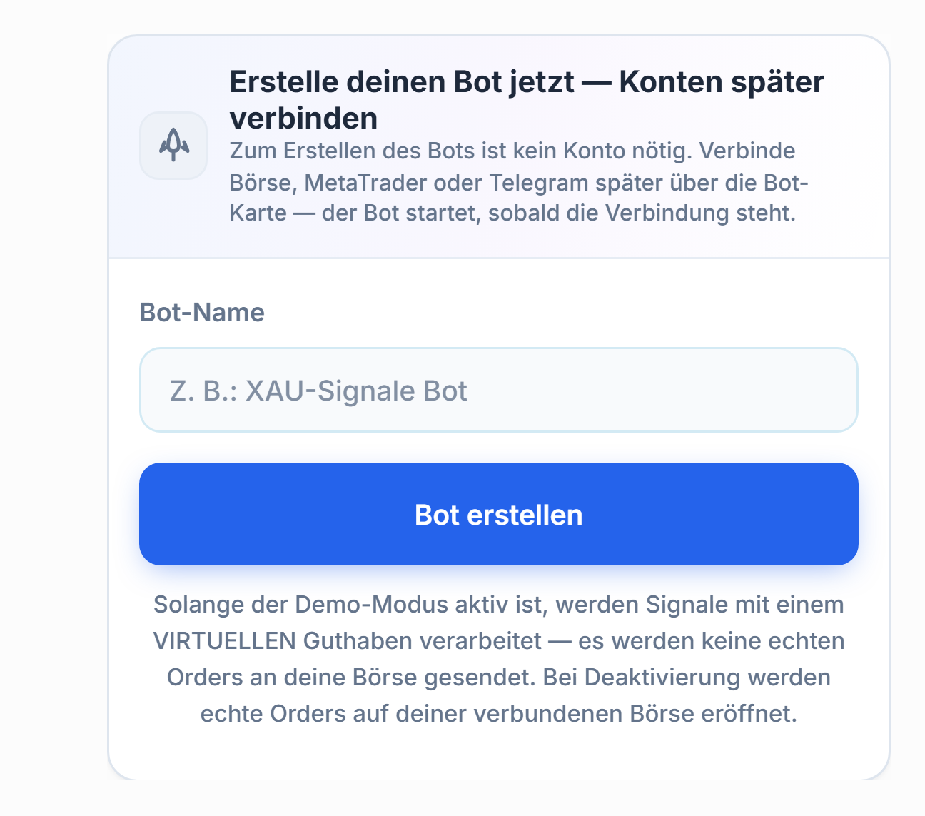 Panel Bot jetzt erstellen: Feld Bot-Name und Schaltfläche Bot erstellen