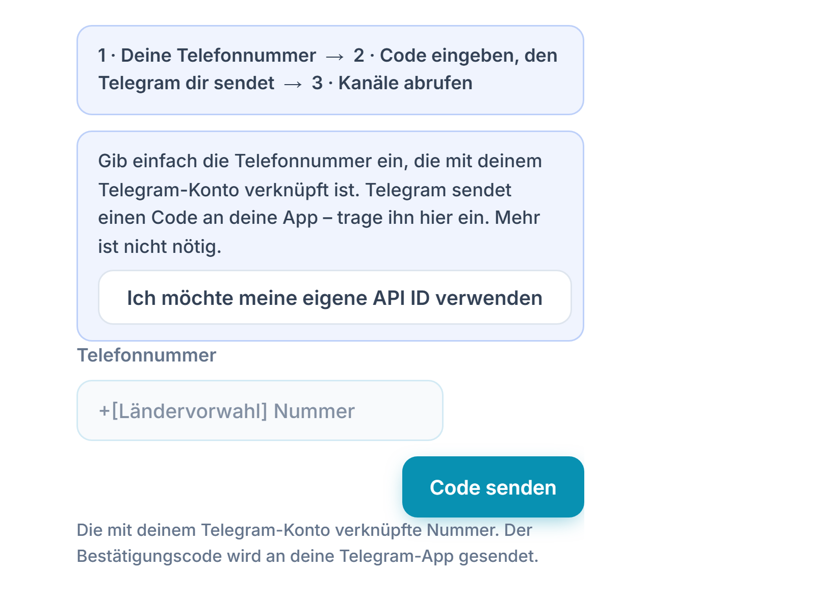 Telegram-Verbindung: Schrittleiste, Feld Telefonnummer und Schaltfläche Code senden