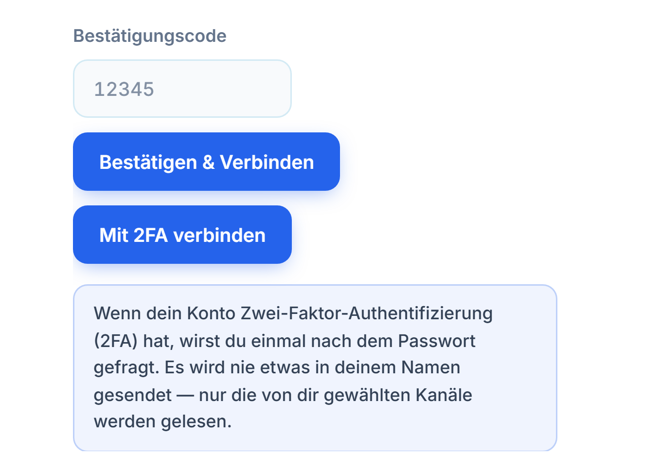 Feld Bestätigungscode und Schaltfläche Bestätigen & Verbinden