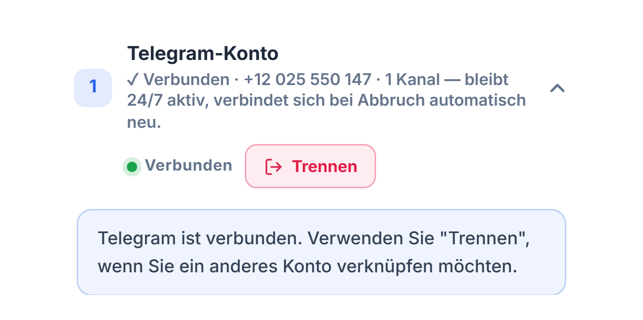 Abschnitt Telegram-Konto nach der Verbindung: grünes Badge Verbunden, Schaltfläche Trennen und Hinweis, dass Telegram verbunden ist