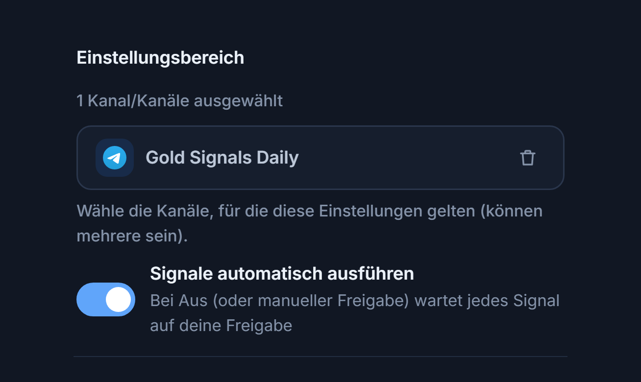 Abschnitt Einstellungsbereich nach dem Hinzufügen eines Kanals: Zähler 1 Kanal ausgewählt, Chip des ausgewählten Kanals mit grünem Haken und Entfernen-Schaltfläche am Chip