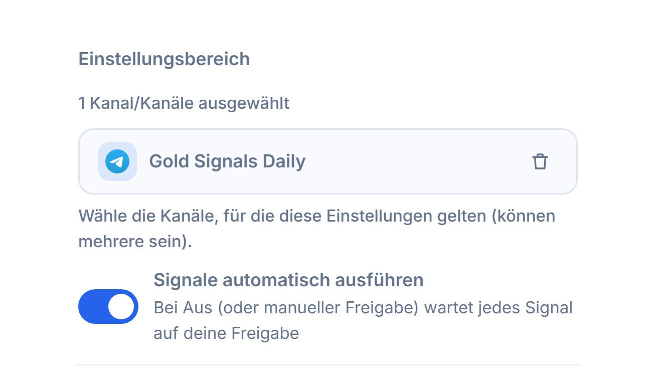 Abschnitt Einstellungsbereich nach dem Hinzufügen eines Kanals: Zähler 1 Kanal ausgewählt, Chip des ausgewählten Kanals mit grünem Haken und Entfernen-Schaltfläche am Chip