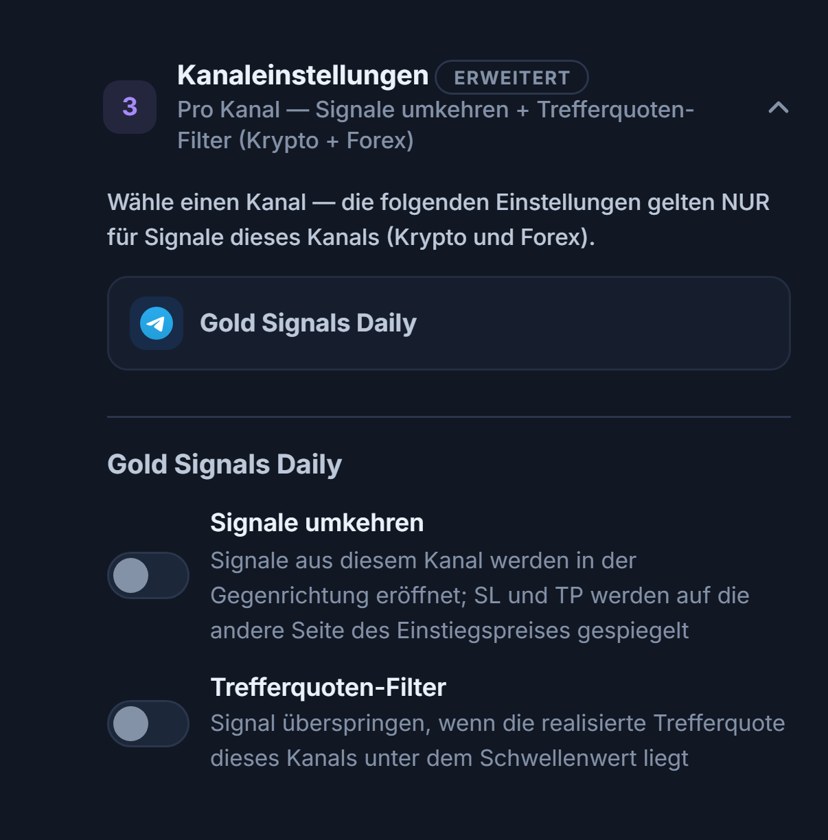 Akkordeon Kanaleinstellungen: Zeile des ausgewählten Kanals umrandet, darunter die Schalter Signale umkehren und Trefferquoten-Filter