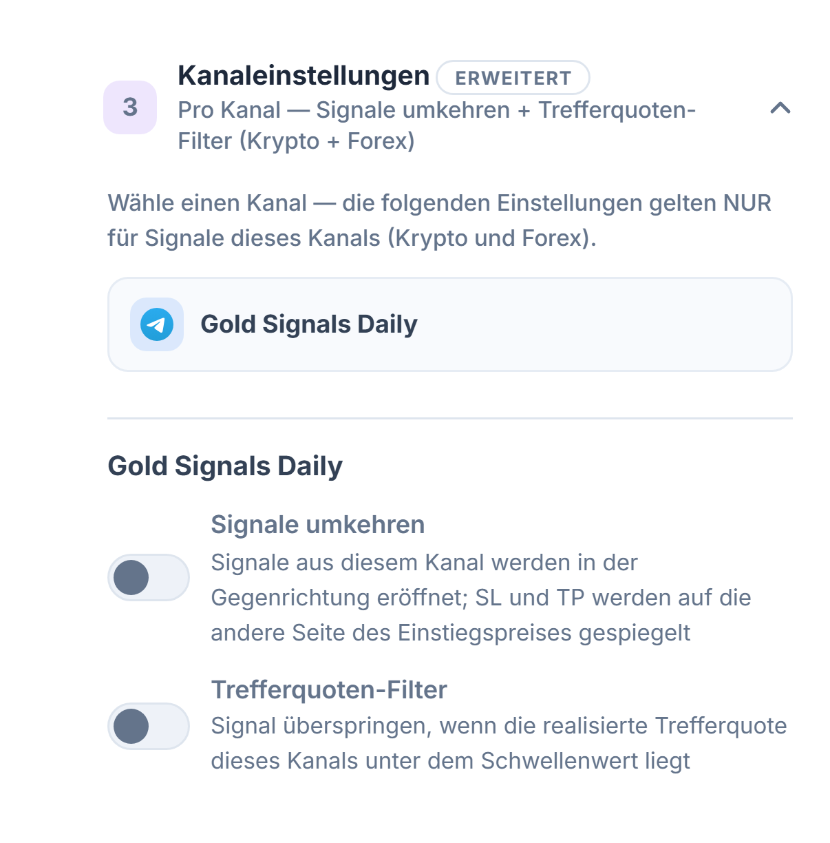 Akkordeon Kanaleinstellungen: Zeile des ausgewählten Kanals umrandet, darunter die Schalter Signale umkehren und Trefferquoten-Filter