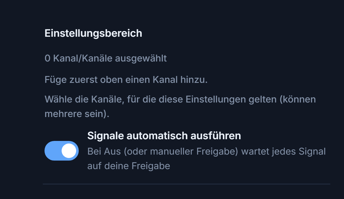 Oberer Teil der Forex-Einrichtung: Einstellungsbereich und eingeschalteter Schalter Signale automatisch ausführen