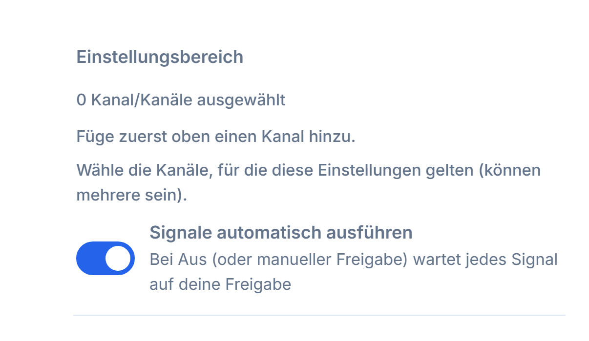 Oberer Teil der Forex-Einrichtung: Einstellungsbereich und eingeschalteter Schalter Signale automatisch ausführen