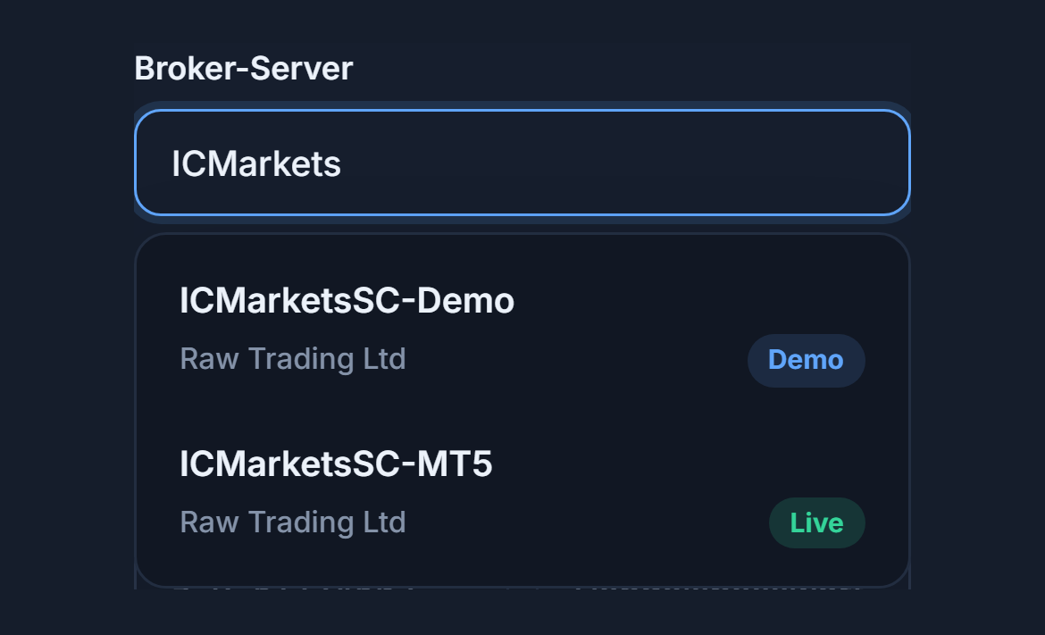 Im Feld Broker-Server steht ICMarkets, darunter zwei Server mit den Badges Demo und Live