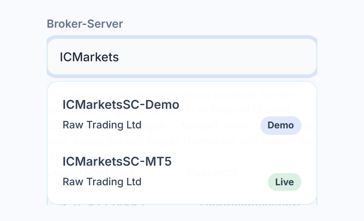 Im Feld Broker-Server steht ICMarkets, darunter zwei Server mit den Badges Demo und Live