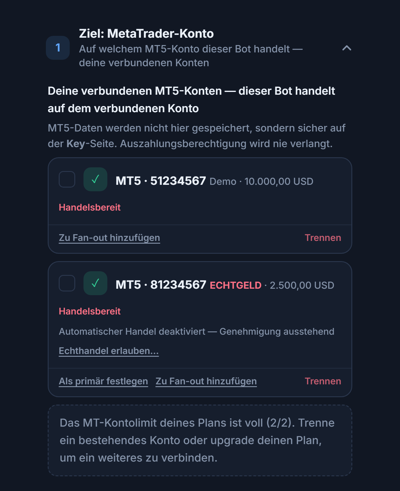 Verbundene MT5-Konten: je eine Karte für ein Demo- und ein Echtkonto; beim Echtkonto der Hinweis Automatischer Handel aus, wartet auf Freigabe und die Schaltfläche Echthandel erlauben