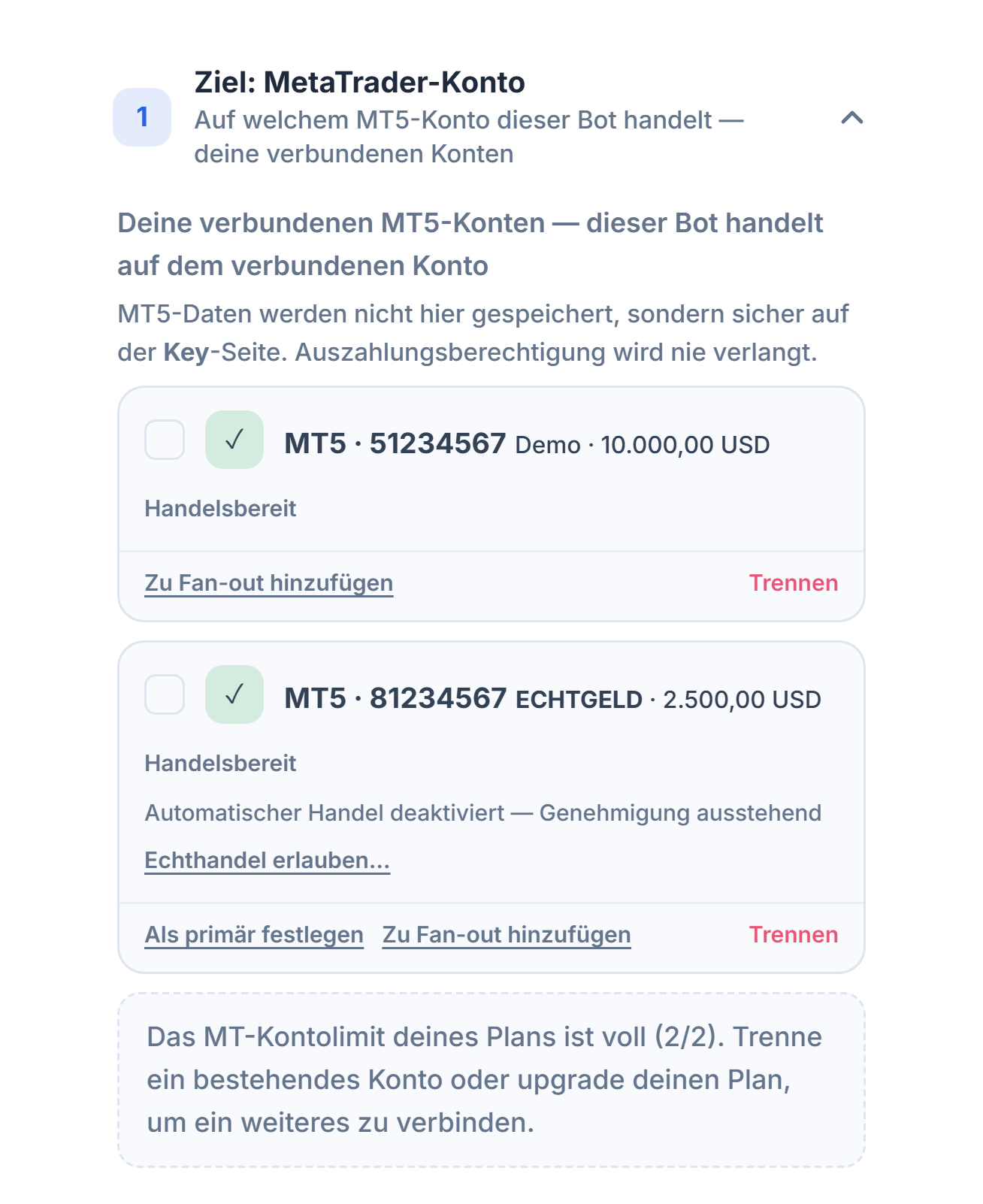 Verbundene MT5-Konten: je eine Karte für ein Demo- und ein Echtkonto; beim Echtkonto der Hinweis Automatischer Handel aus, wartet auf Freigabe und die Schaltfläche Echthandel erlauben