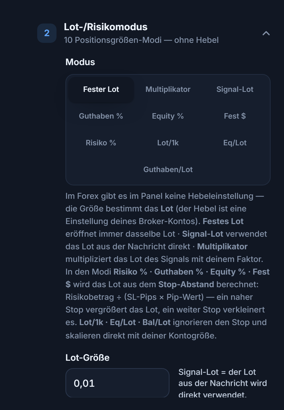 Abschnitt Lot-/Risikomodus: Fester Lot ausgewählt und Feld Lot-Größe 0.01
