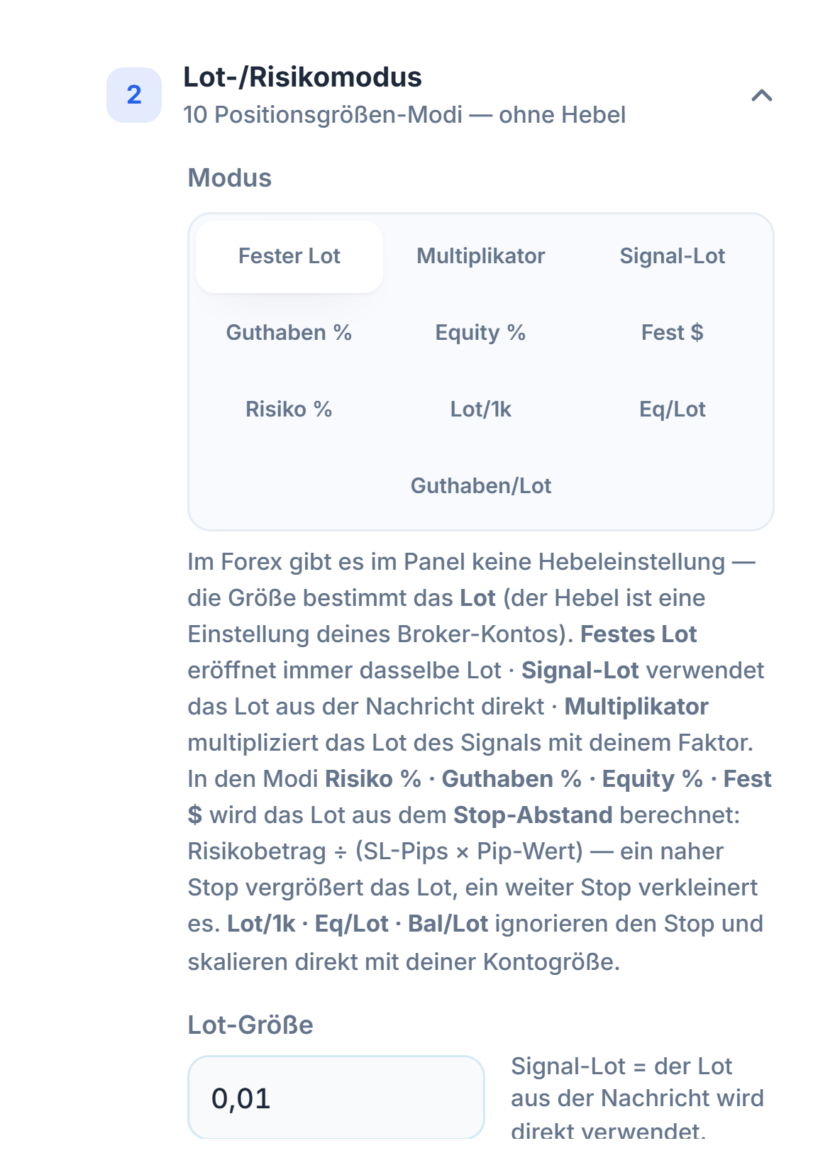 Abschnitt Lot-/Risikomodus: Fester Lot ausgewählt und Feld Lot-Größe 0.01