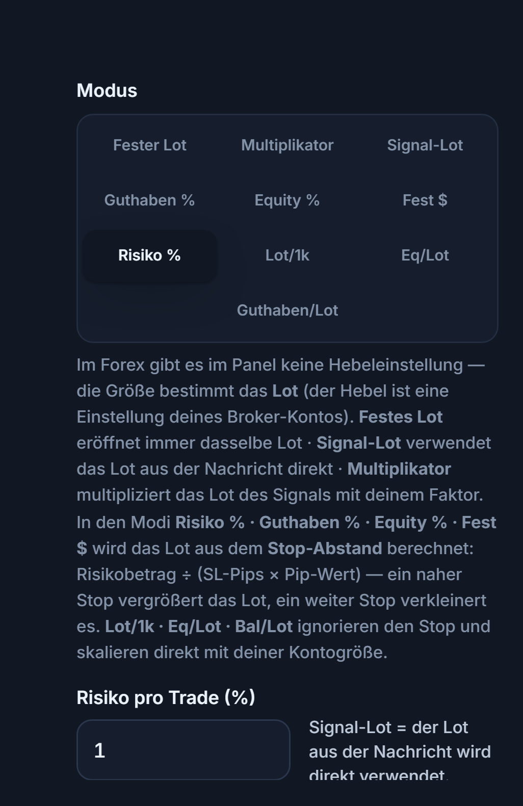 Lot-/Risikomodus: Risiko % ausgewählt und Feld Risiko pro Trade (%)