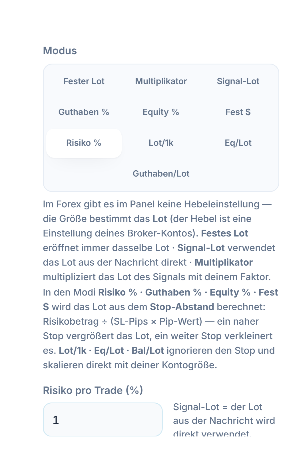 Lot-/Risikomodus: Risiko % ausgewählt und Feld Risiko pro Trade (%)