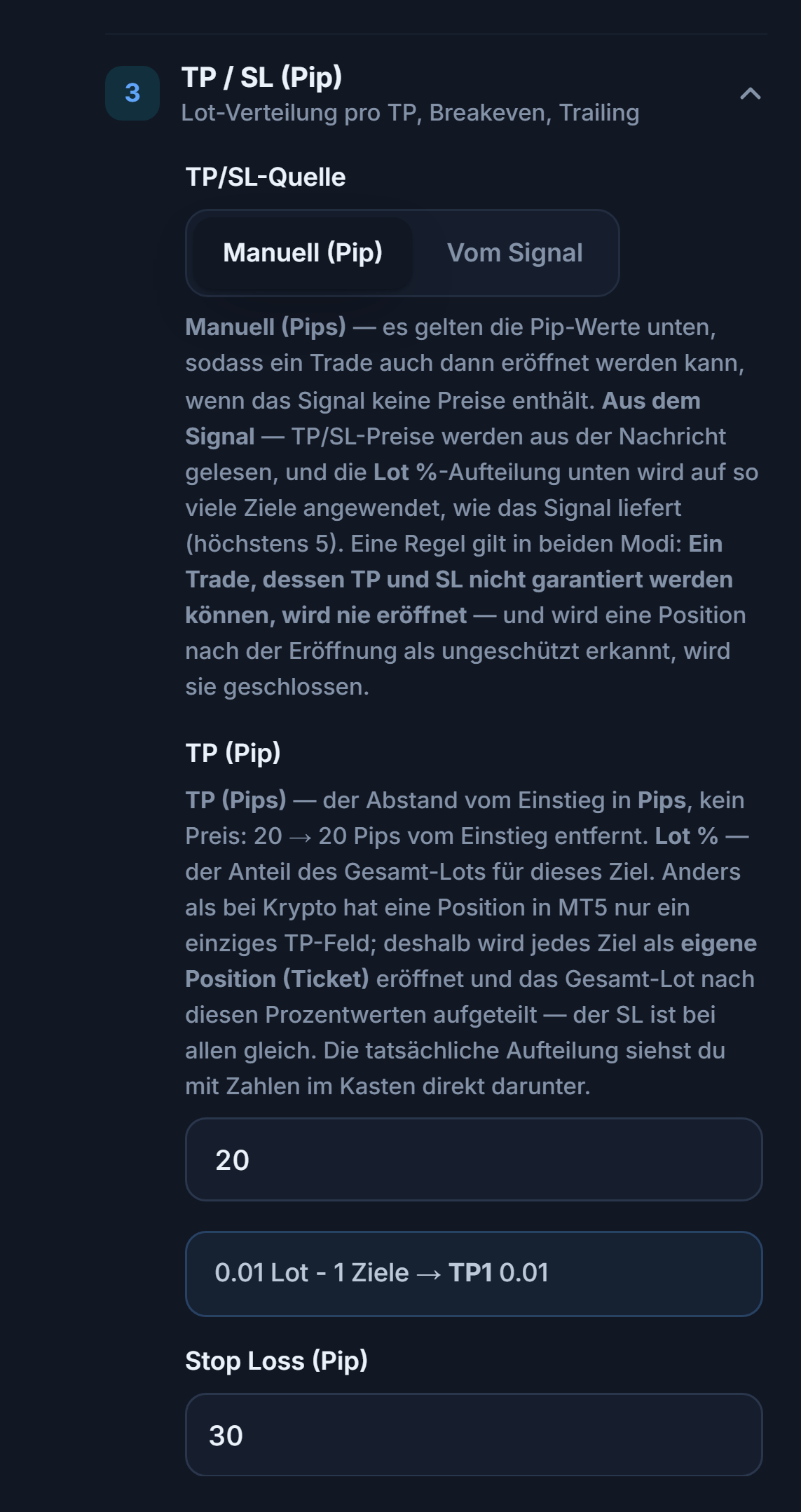 Abschnitt TP / SL (Pip): TP/SL-Quelle Manuell (Pip) ausgewählt, TP (Pip) 20 und Stop Loss (Pip) 30