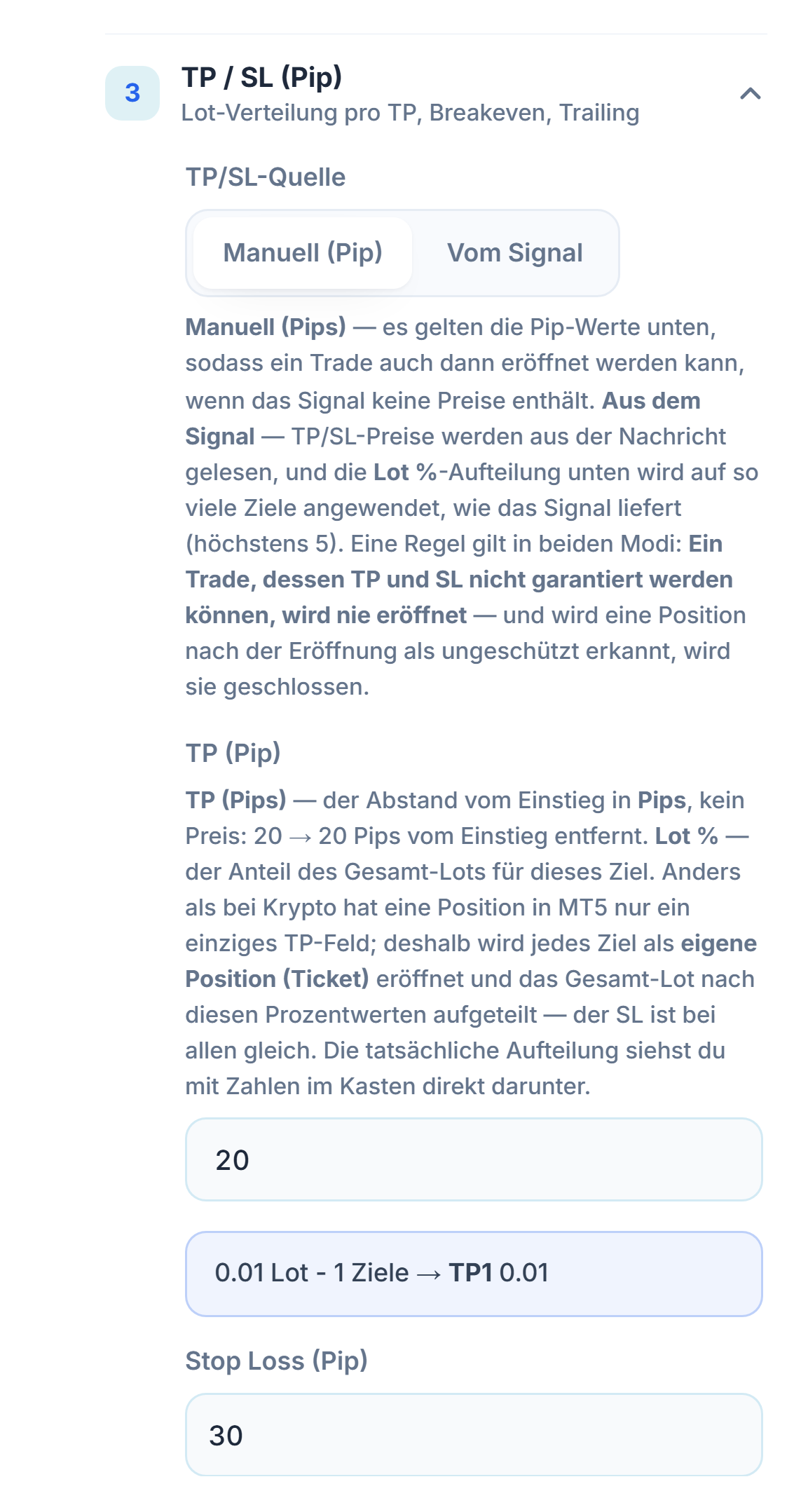 Abschnitt TP / SL (Pip): TP/SL-Quelle Manuell (Pip) ausgewählt, TP (Pip) 20 und Stop Loss (Pip) 30