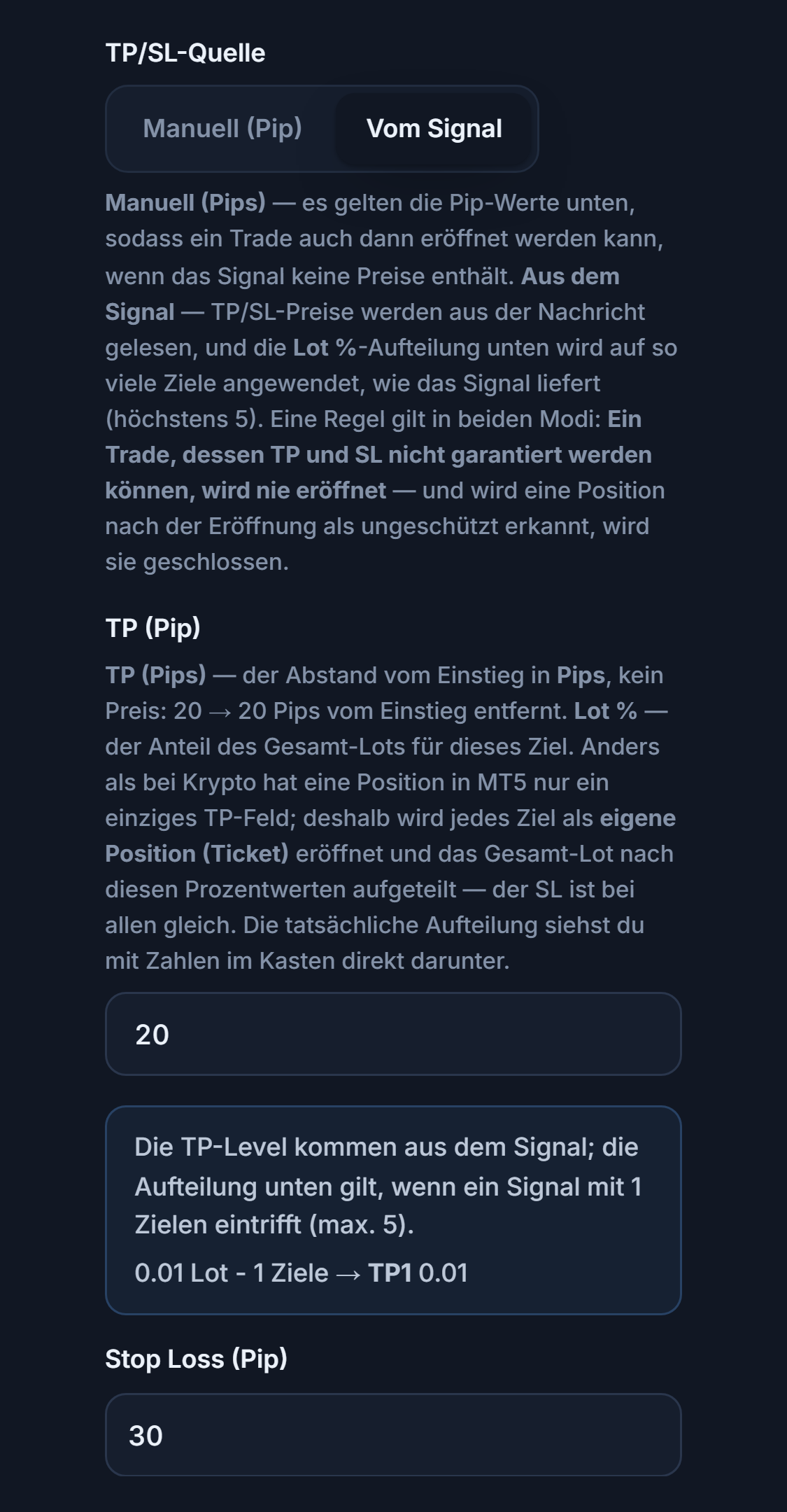 TP / SL (Pip): TP/SL-Quelle Vom Signal ausgewählt