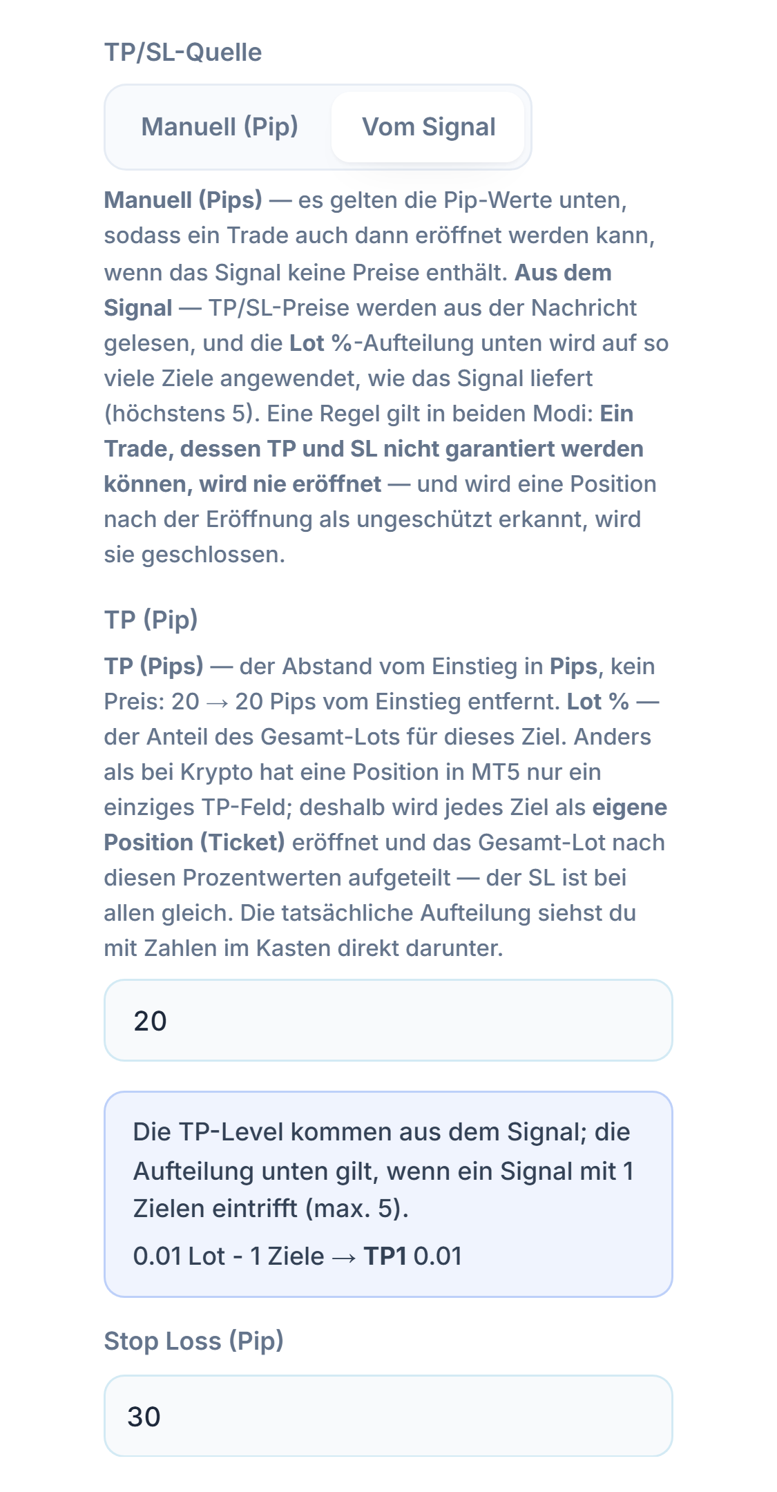 TP / SL (Pip): TP/SL-Quelle Vom Signal ausgewählt