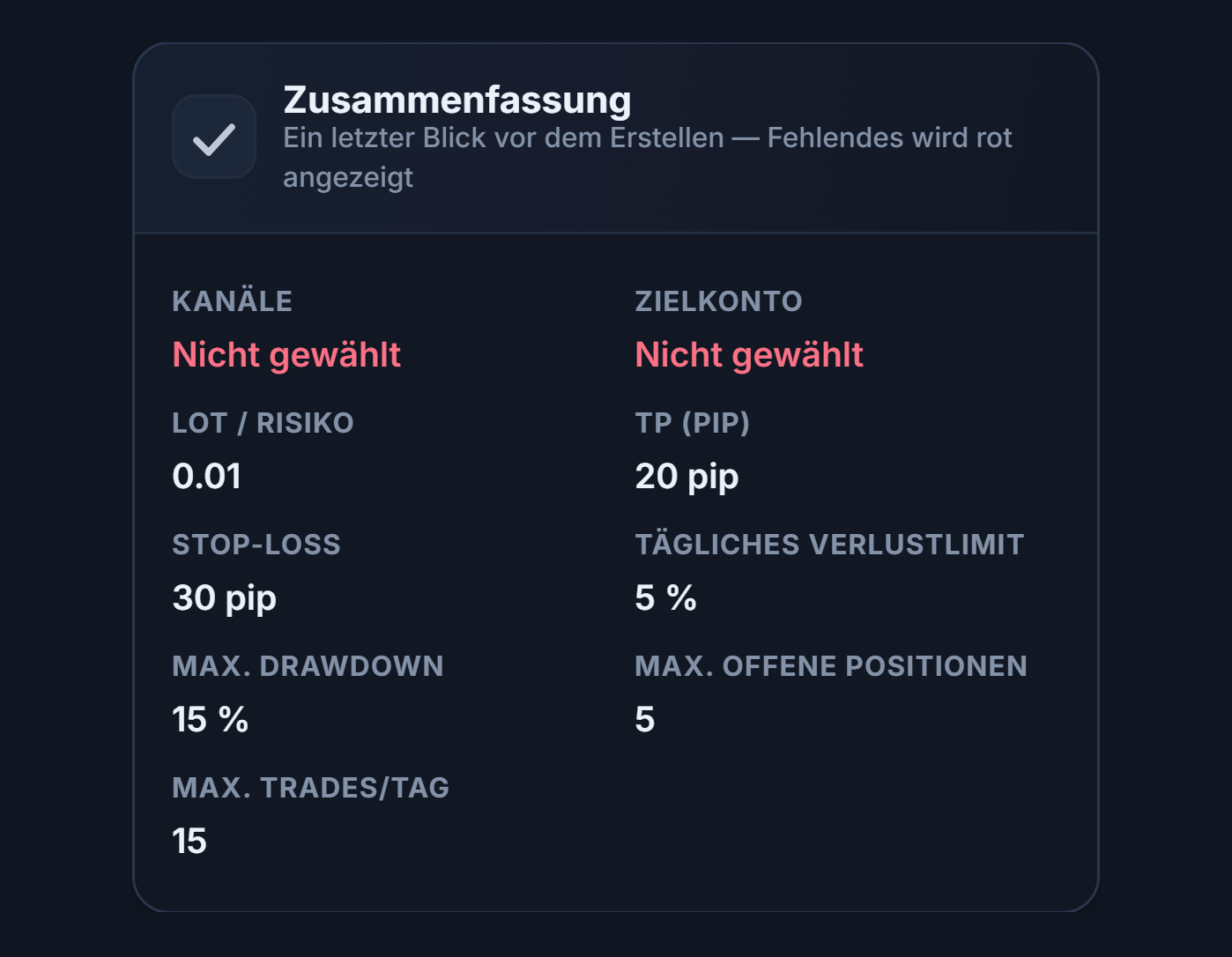 Einrichtungsübersicht: Die Felder Kanal und Zielkonto zeigen rot Nicht gewählt, dazu die Werte für Lot, TP, Stop Loss, Tagesverlust und Limits