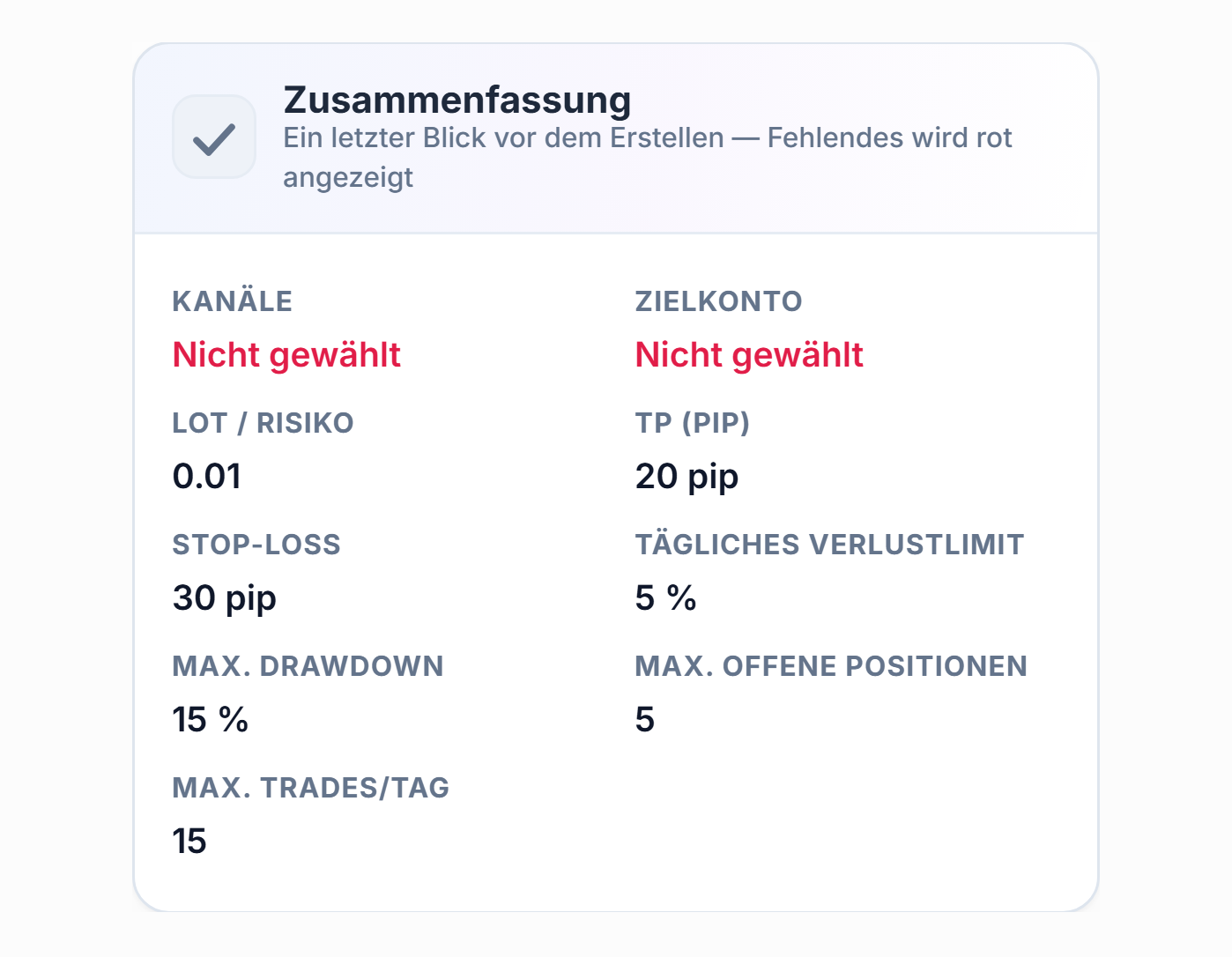 Einrichtungsübersicht: Die Felder Kanal und Zielkonto zeigen rot Nicht gewählt, dazu die Werte für Lot, TP, Stop Loss, Tagesverlust und Limits