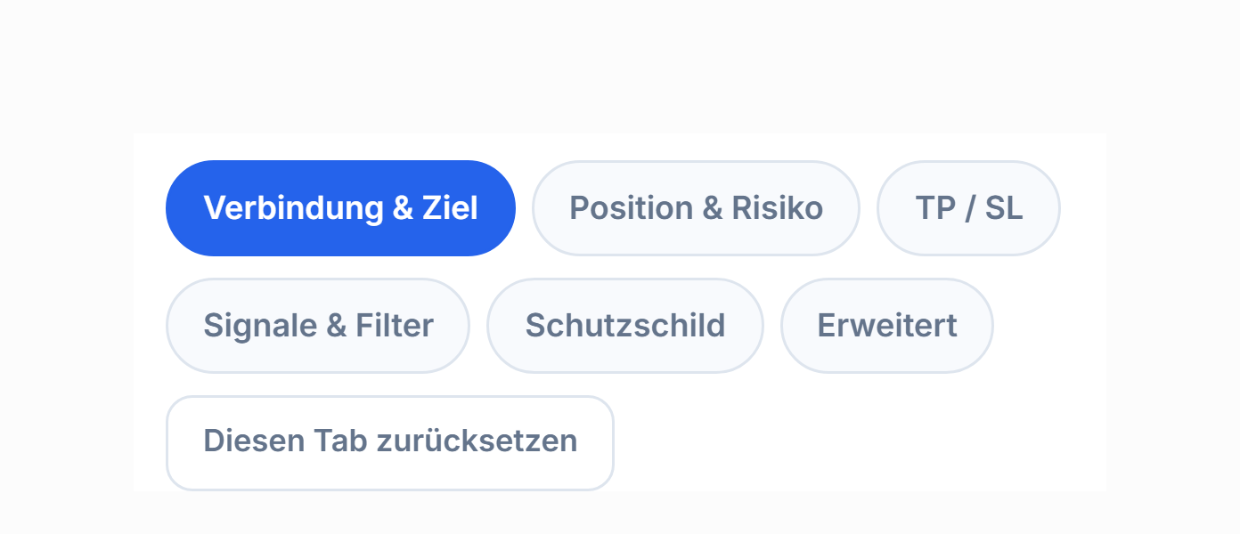 Tabs der erweiterten Einrichtung: Verbindung, Position, TP und SL, Signal, Schutz, Erweitert und Auf Standard zurücksetzen