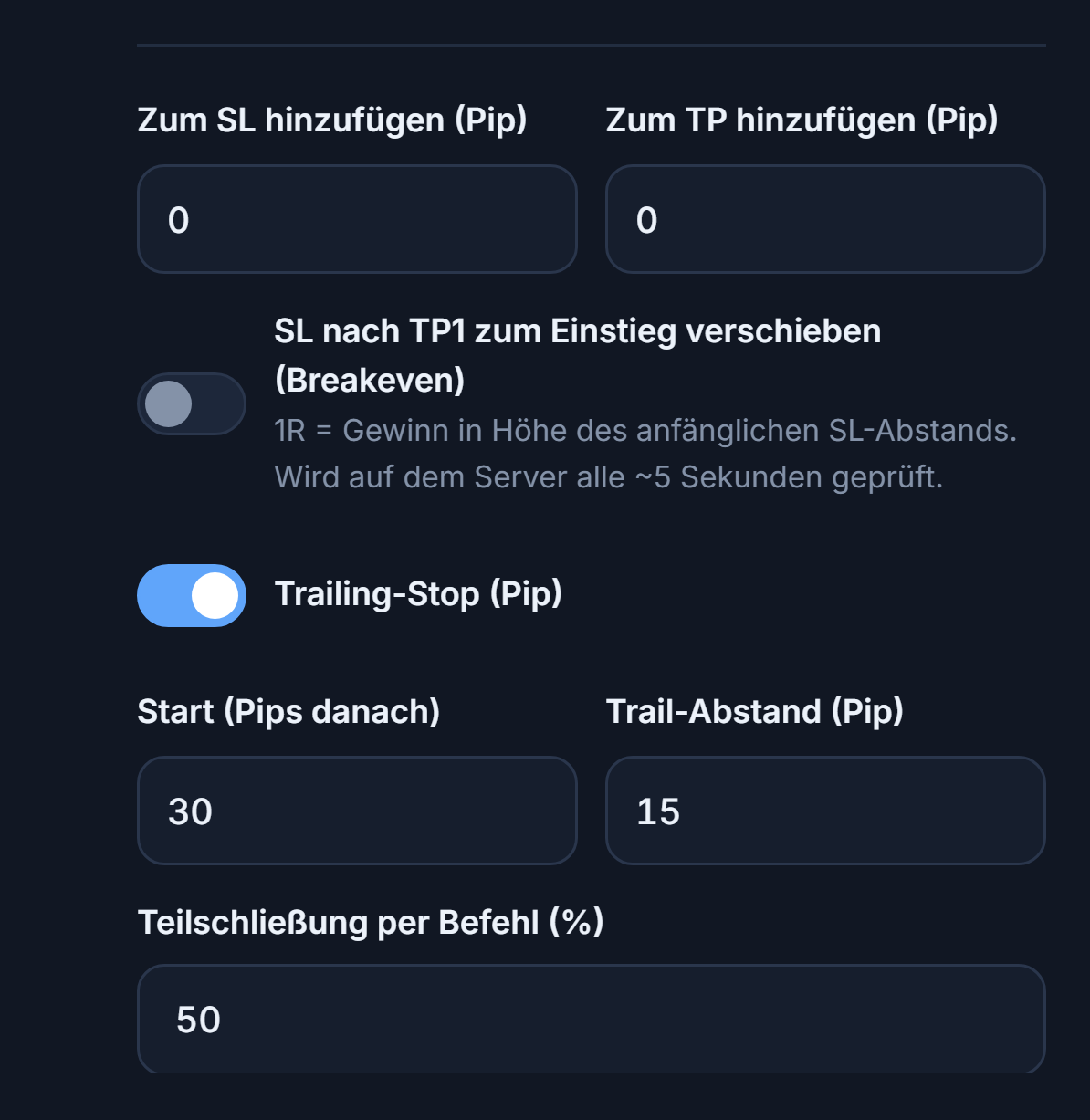 Pip-Felder Zum SL hinzufügen und Zum TP hinzufügen, Breakeven-Schalter, eingeschalteter Trailing-Stop-Schalter mit Start- und Trail-Abstand, Teilschließung per Befehl in Prozent