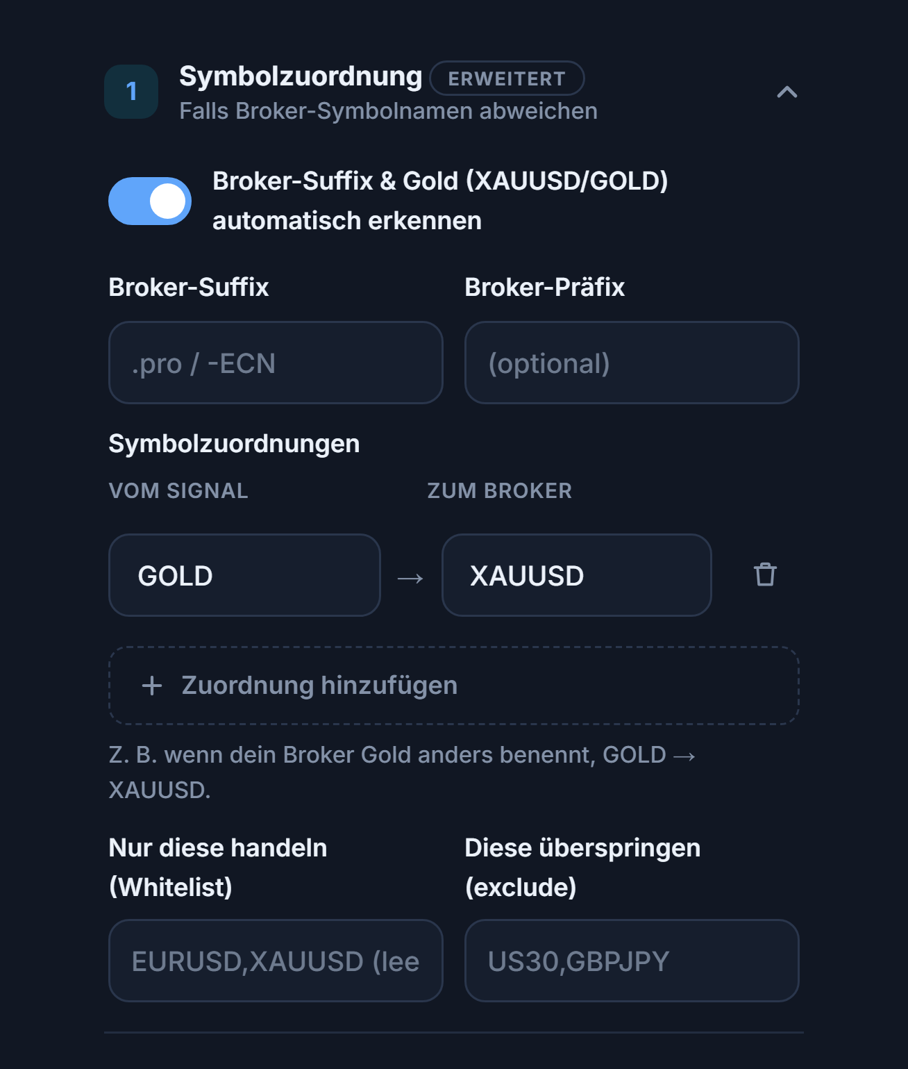 Abschnitt Symbolzuordnung: Schalter Automatisch erkennen, Felder Broker-Suffix und -Präfix, Zuordnung GOLD → XAUUSD, Zuordnung hinzufügen, Felder Whitelist und Exclude