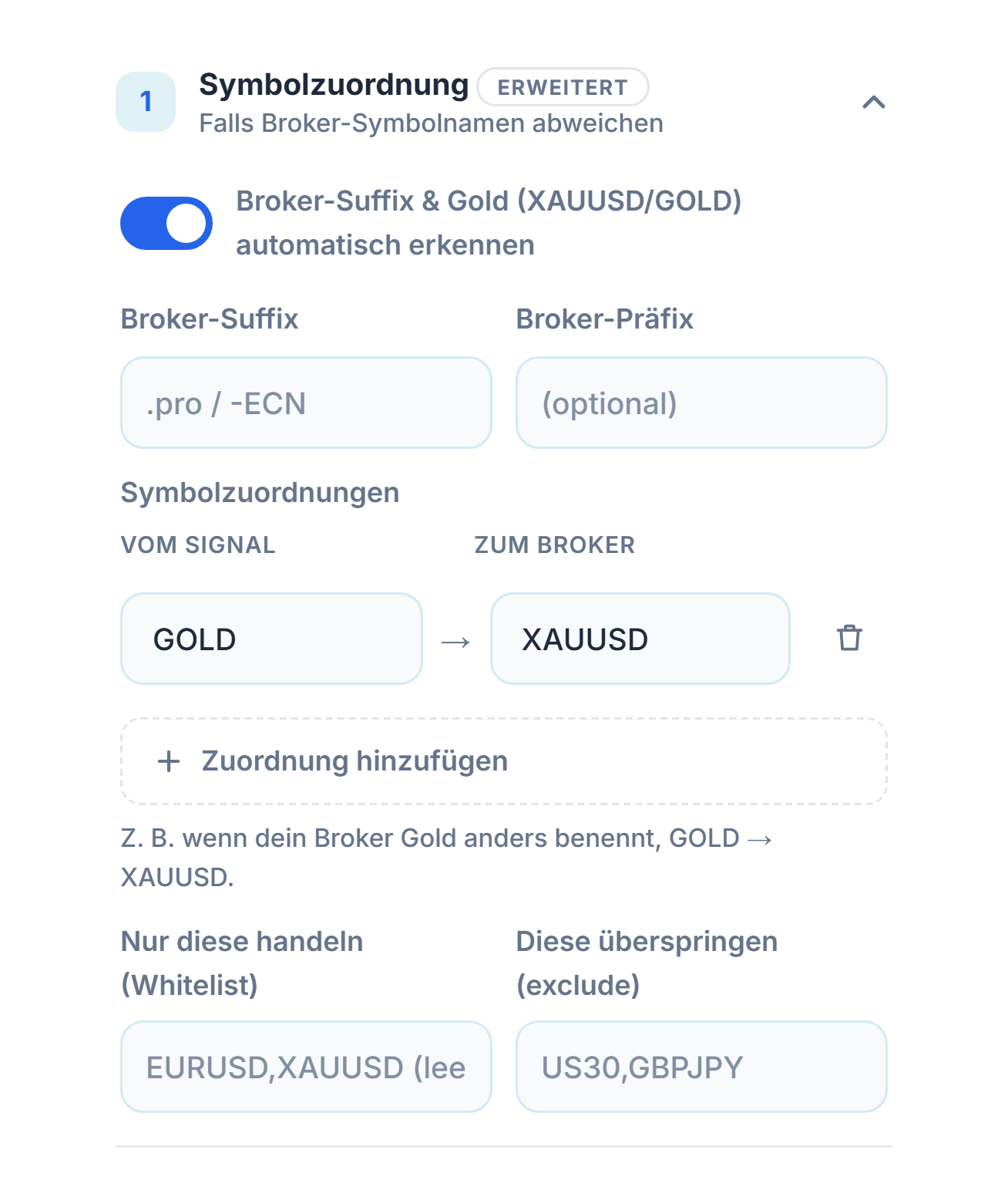 Abschnitt Symbolzuordnung: Schalter Automatisch erkennen, Felder Broker-Suffix und -Präfix, Zuordnung GOLD → XAUUSD, Zuordnung hinzufügen, Felder Whitelist und Exclude