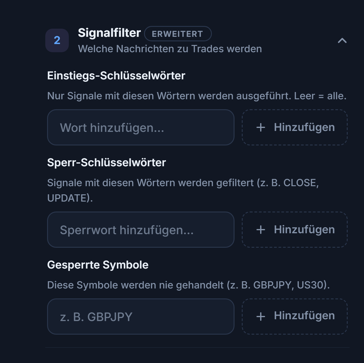 Signalfilter: Felder Einstiegs-Schlüsselwörter, Sperr-Schlüsselwörter und Gesperrte Symbole
