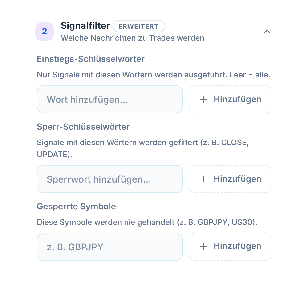 Signalfilter: Felder Einstiegs-Schlüsselwörter, Sperr-Schlüsselwörter und Gesperrte Symbole